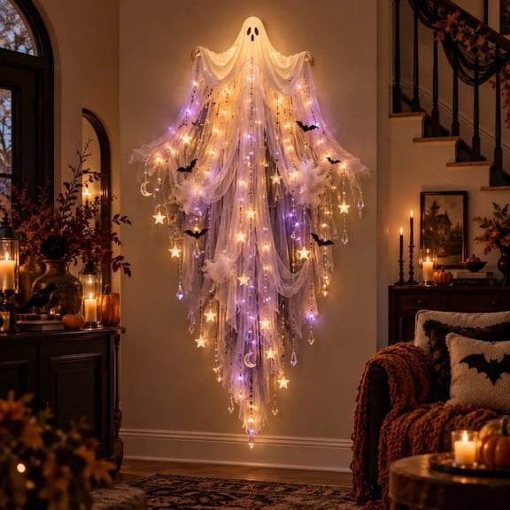 Elegant Halloween Cascade Wall Light, Spooky Ghost Shape Style Halloween Wall Hanging Decor with Gothic Design LED Lighted Wall Ornament for Fireplace Entryway Halloween Decor,D,One Size