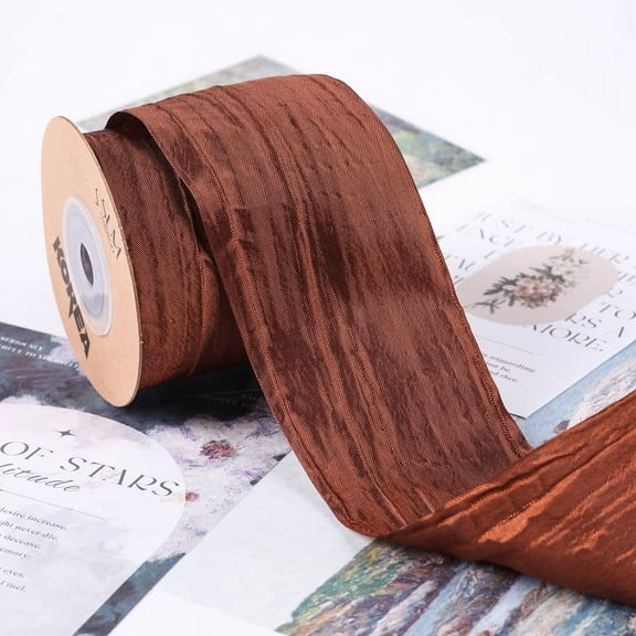 NAMZI 10 Yards 2inch Crinkled Satin Ribbon, Silk-Like for Gift Wrapping, Crafts, Wreaths, Bouquets & Bows, Brown