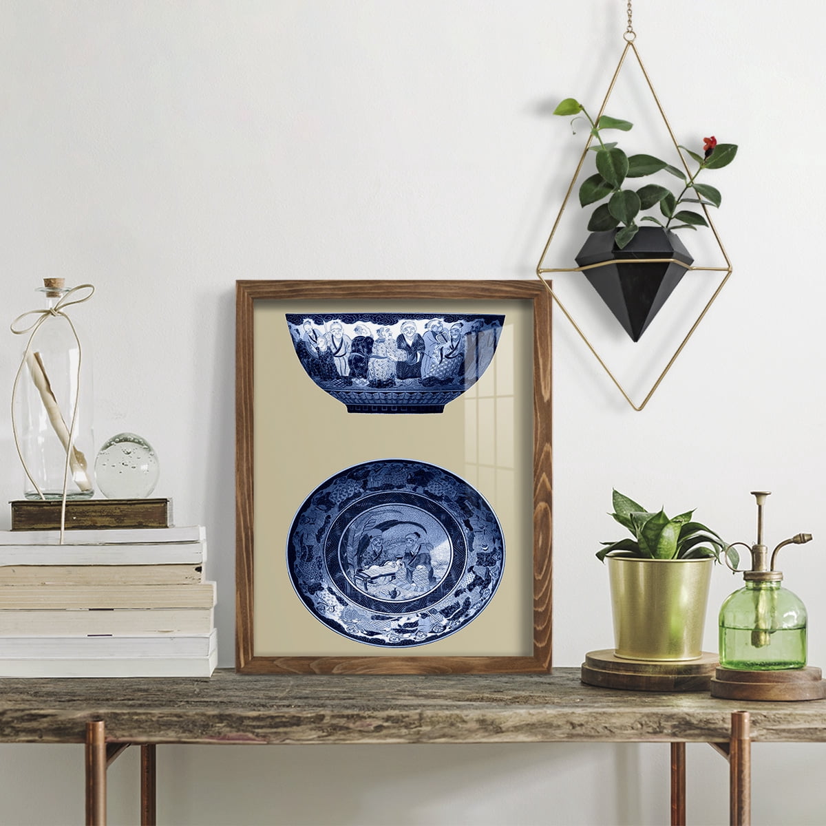 Porcelain in Blue and White II -Framed Print w/glass-Walnut