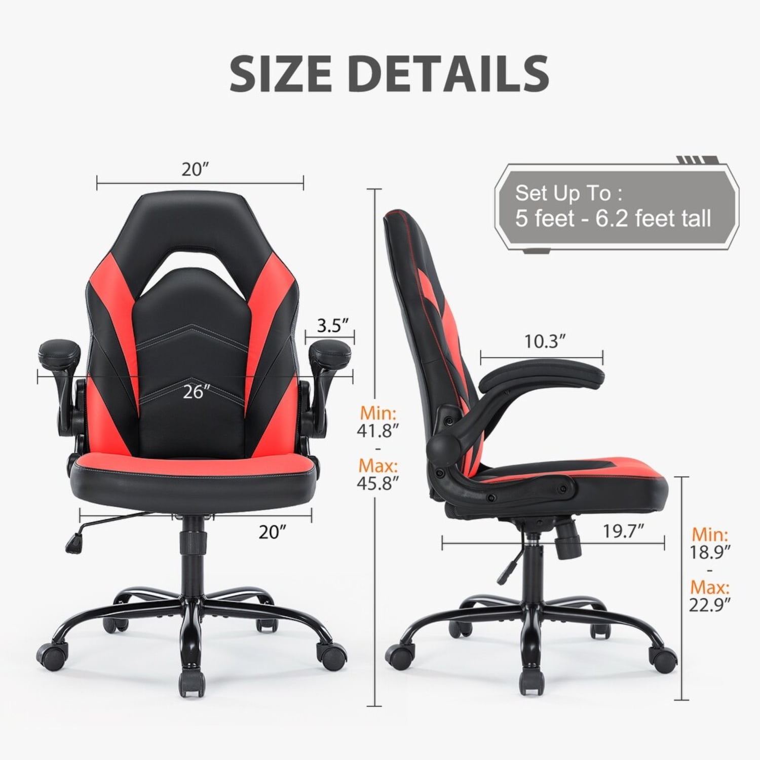 Ergonomic Gaming Chair, High Back PU Leather Computer Desk Chair with Lumbar Support, Flip-up Armrests & Adjustable Height, Black Red