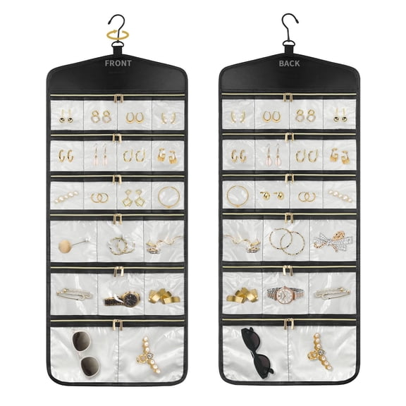HBK Hanging Jewelry Organizer with 40 Clear Zipper Pockets, Dual Sided Closet Jewelry Storage Bag, Travel Necklace Ring Holder, Hanging Organizer