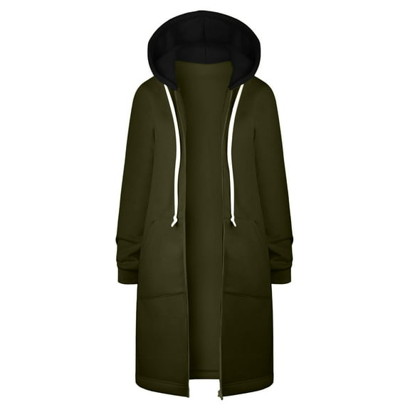 Womens Coats Outerwear Winter Women's Solid Color Jacket Thickening and Fleece and Winter Casual Zipper Long Sleeve Pocket Hooded Long Sweater