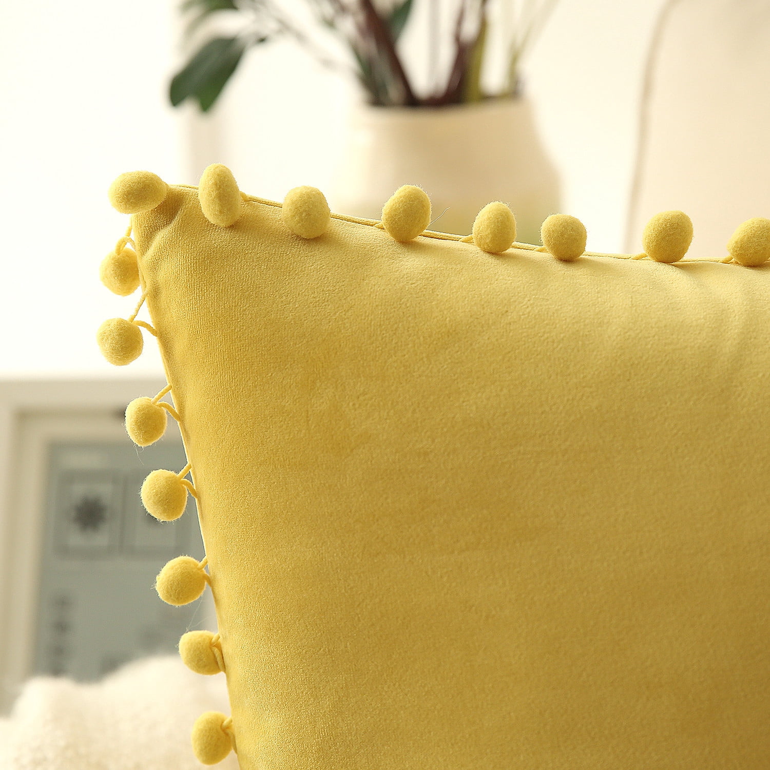 Phantoscope Pom Pom Velvet Series Decorative Throw Pillow, 18" x 18", Yellow, 2 Pack