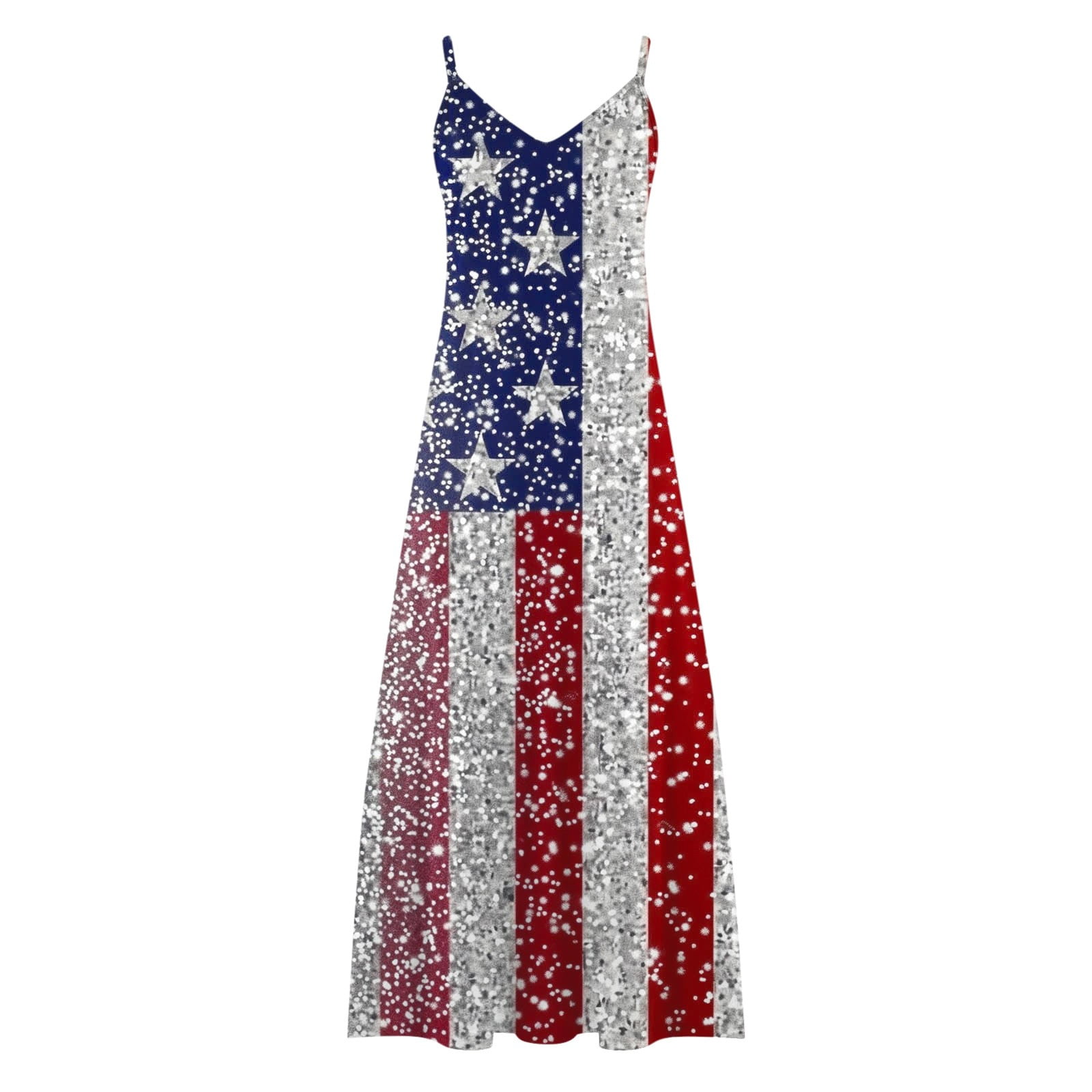 CFLVAEK American Flag Dress for Women Plus Size Sleeveless V Neck Sundress July 4th Patriotic A Line Dress Independence Day Spaghetti Straps Party Maxi Dress XL