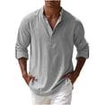 thumbnail image 2 of WXLWZYWL Mens Henley Shirt Mandarin Collar Half Button Long Sleeve Shirt Roll Up Cuffs Curved Bottom Hem Loose Fit Casual Resort Daily Everyday Wear Light Tops, 2 of 6