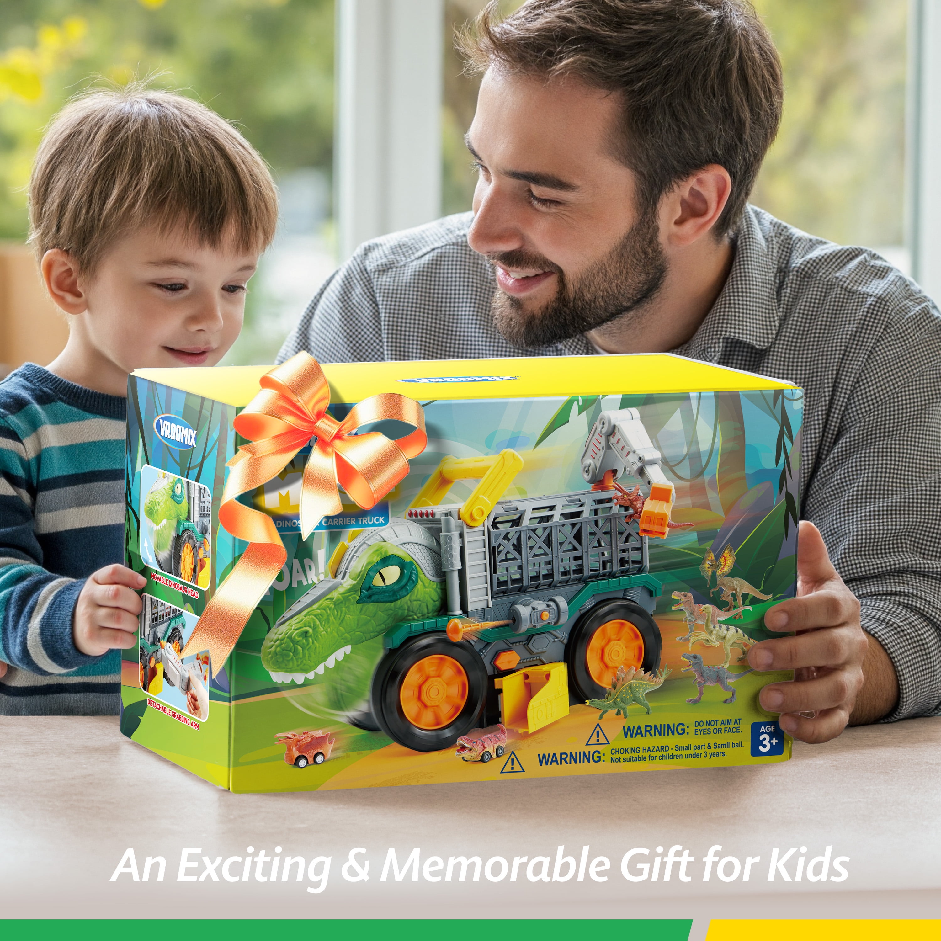 VROOMIX Kids Big Dinosaur Truck Toys with 8 Dino Figures, Crane Arm & Drive-Through Tunnel, Launching Chambers & Shooting Darts, Best Gifts for 3+ Year Old Boys & Girls