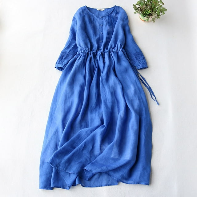 TIMIFIS Robe en Coton et Lin pour Femme Décontractée Ample Robe d'Été Longue Robe à Manches Courtes Robes Maxi Été Grande Taille Robe de Plage Été