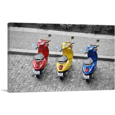ARTCANVAS Red Yellow And Blue Vespa Scooters Canvas Art Print - Size: 26" x 18" (0.75" Deep)