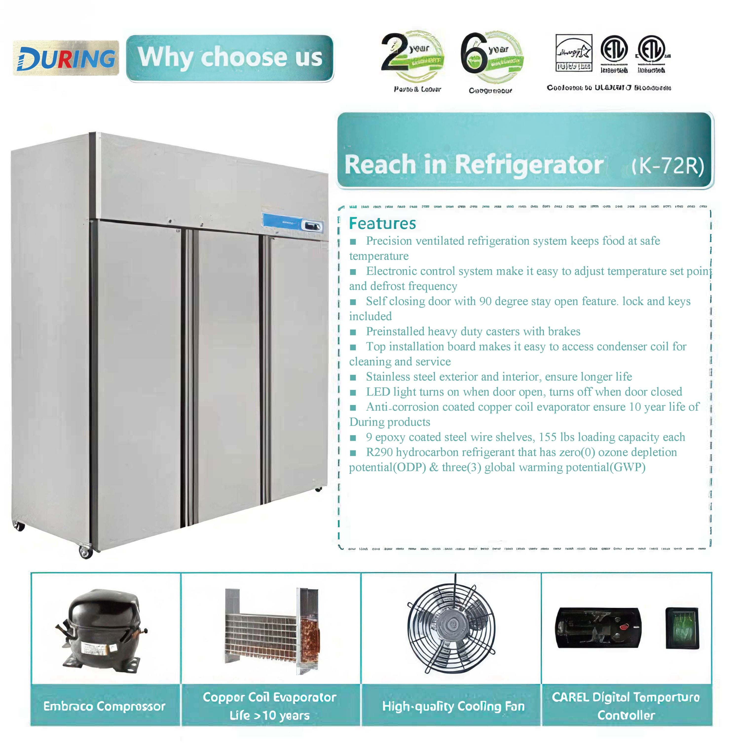 DURING D-K-72R 72" Stainless Steel 3-Door 54 Cu ft Solid Commercial Reach-In Refrigerator