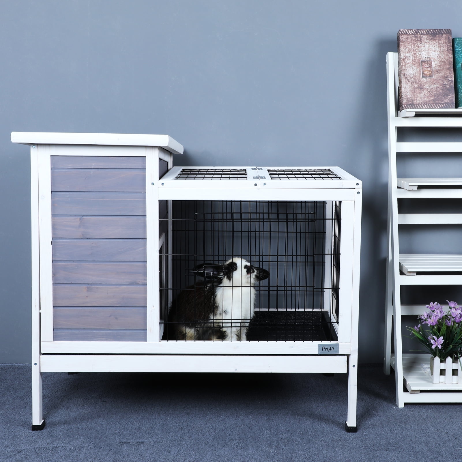 Witaxima 2-Story Wooden Rabbit Hutch with Runway, Leak-Proof Tray for Outdoor/Indoor Use, 37.5x21.5x34 Inches, Grey Small Animal Cage