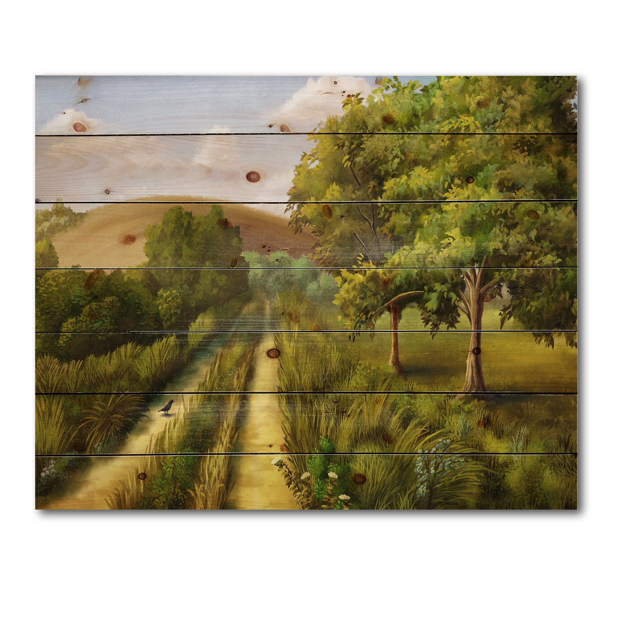 Designart 'Vital Country Road During Summer' Traditional Print on Natural Pine Wood