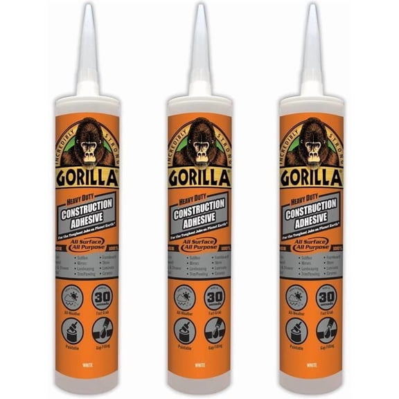 3-pack Gorilla Glue Heavy Duty Construction Adhesive - Durable - 3 Pack, 9 Ounce, White — Residential Use, Standard Application