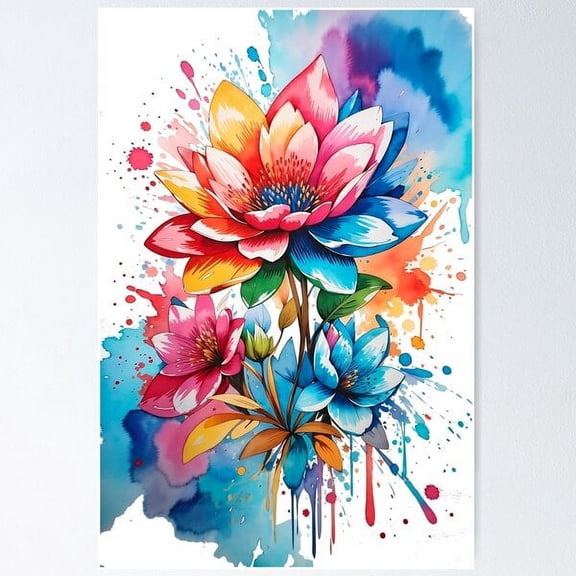 Vibrant Watercolor Lotus Flowers – Colorful Floral Art Poster Wall Art, Modern Wall Decor For Living Room Bedroom, 8x12 UNFRAMED