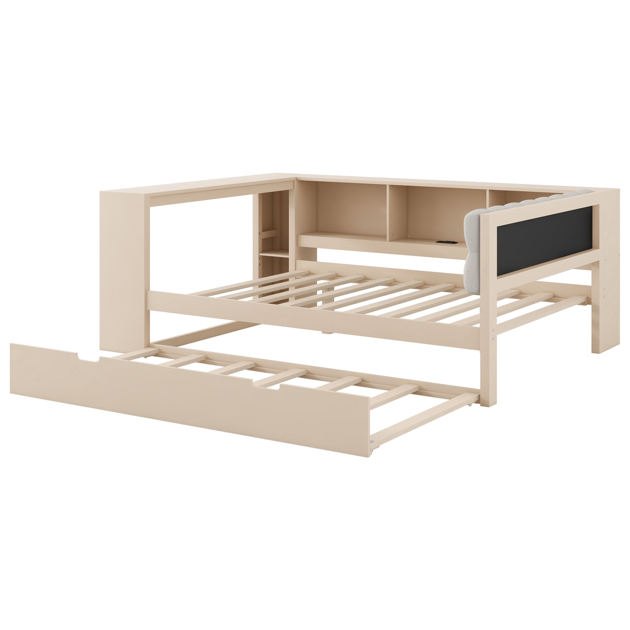 Noble House Full Wooden Platform Bed, Upholstered Headboard, Storage Shelves, Charging Station and Trundle, Cream