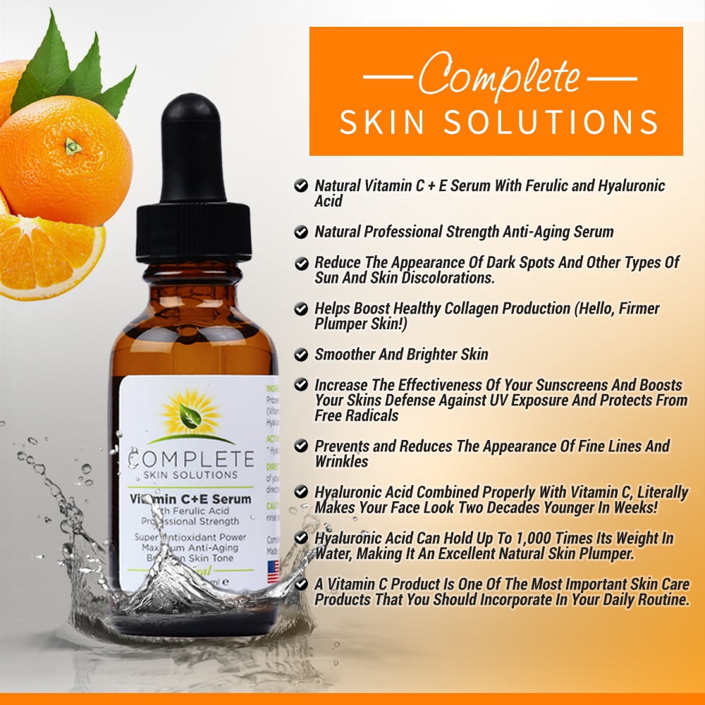 COMPLETE Skin Solutions Vitamin C + E Serum With Ferulic and Hyaluronic Acid (1 oz)
