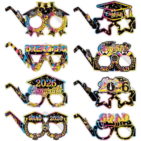 Black Graduation 2026 Glasses - Pack Of 8 | Graduation Photo Booth Props 2026 For Graduation Decorations Class Of 2026| Graduation Glasses Class Of 2026, 2026 Graduation Party Decorations