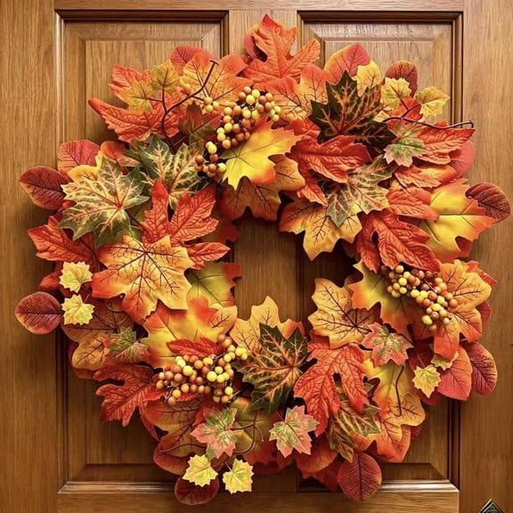Fall Maple Leaf Wreath for Front Door Artificial Fall Decoration Wreaths with Vibrant Maple Leaves & Berry Clusters for Fall Home Wall Indoor Outdoor Decor