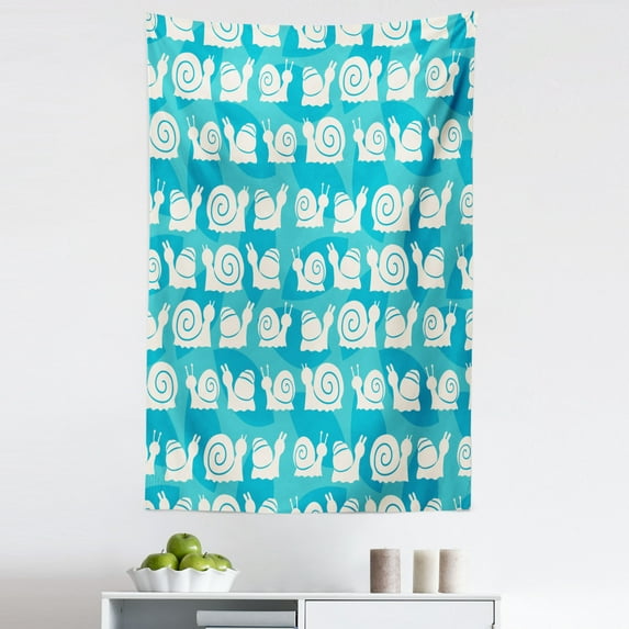 Snail Tapestry, Cartoon Silhouette Snail Pattern on Background with Floral Leaves Print, Fabric Wall Hanging Decor for Bedroom Living Room Dorm, 5 Sizes, White Blue and Turquoise, by Ambesonne
