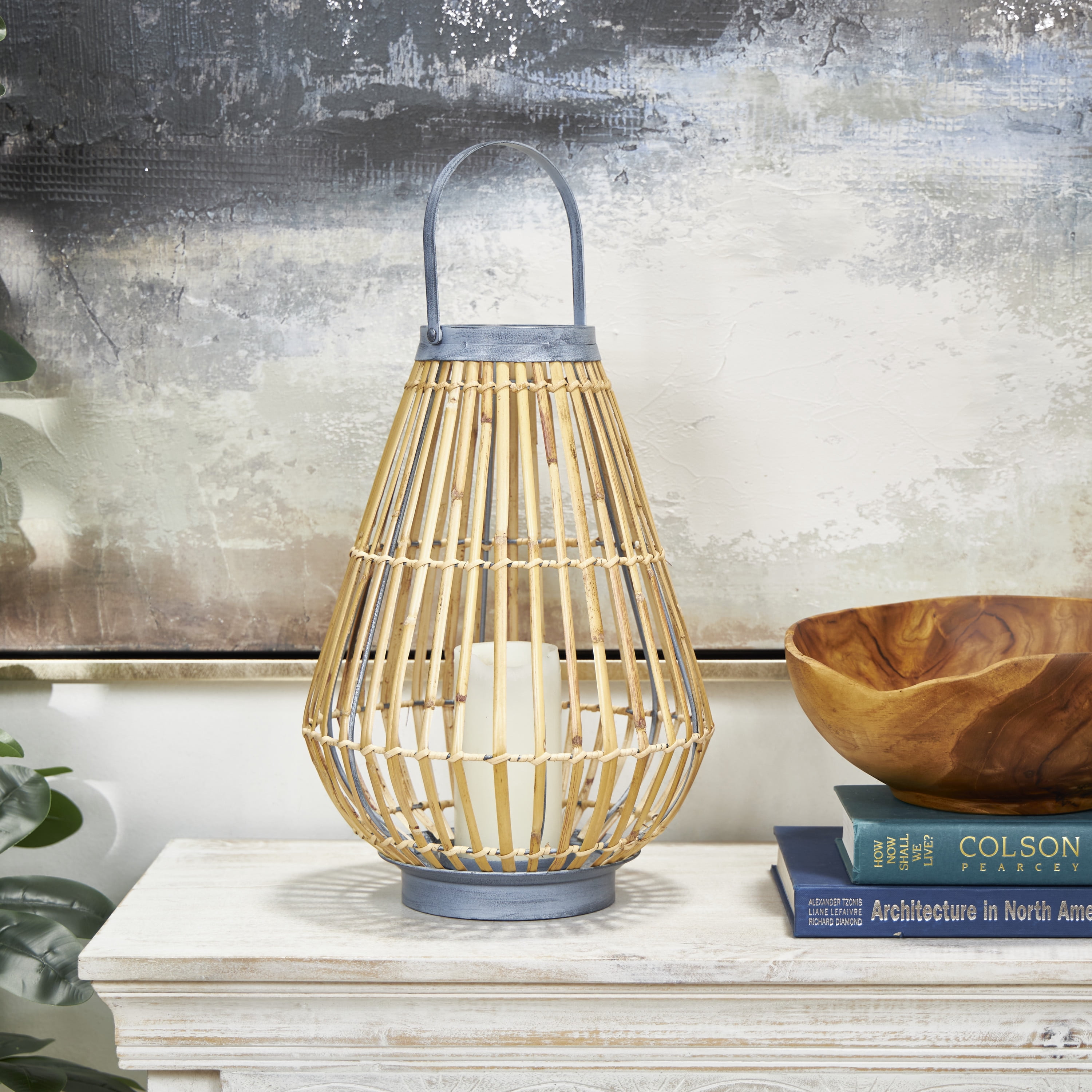 DecMode Brown Bamboo Handmade Open Framed Candle Lantern with Blue Metal Accents and Handle