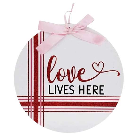 Round Valentine Wall Hanging Sign with Love Lives Here Text Design 11 inches for Valentine's Day Wedding Romantic Date Decoration Home Kitchen Party Favor Gift Decorative Plaque - 1 count