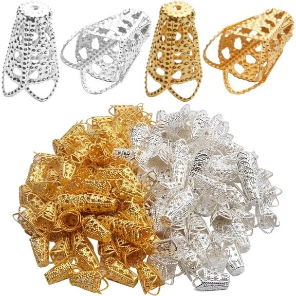 Aylifu Filigree Bead Caps,200pcs Golden and Silver Tone Hollow Bead Caps Flower Bead End Caps Spacers Jewelry Findings for Earring Bracelet Necklace Crafts Tassels Making,15x10mm