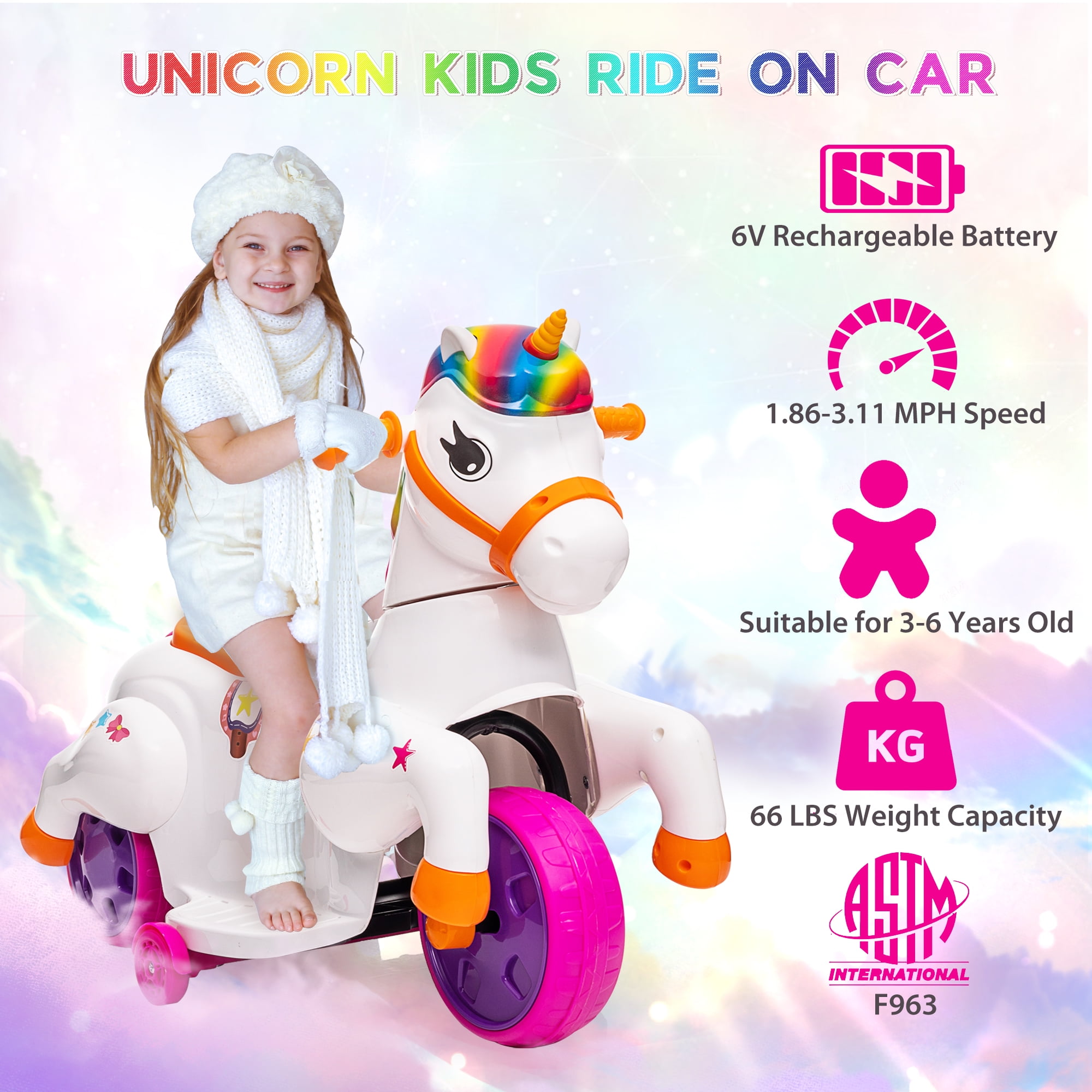 Jaxpety 6V Kids Ride on Unicorn, Rocking Horse Pony Toy Electric Car for Boys Girls w/ Music, Training Wheels, Colorful