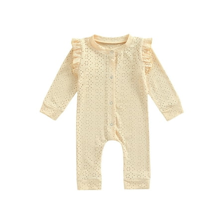 

Qmyliery Newborn Baby Girls Jumpsuits Solid Color Lace Hollow Ruffle Long Sleeves Button Romper for Toddler Infant