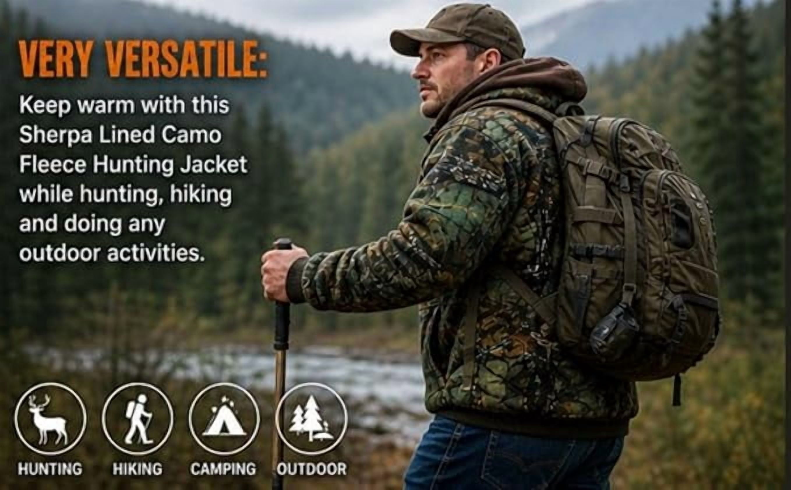 TrailCrest Men's Warm Sherpa Lined Hoodie Fleece Shirt Jacket, Classic Zip Up Camouflaged, 2X