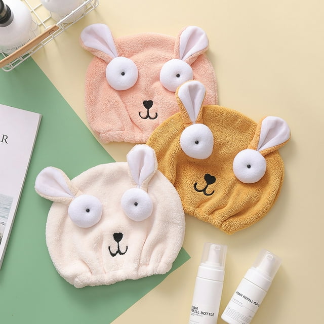 Gorro para secar el cabello con forma de conejito para mujer, bonita toalla para secar el cabello con fibra ultrafina de absorción rápida, gorro de ducha de vellón coral para niños