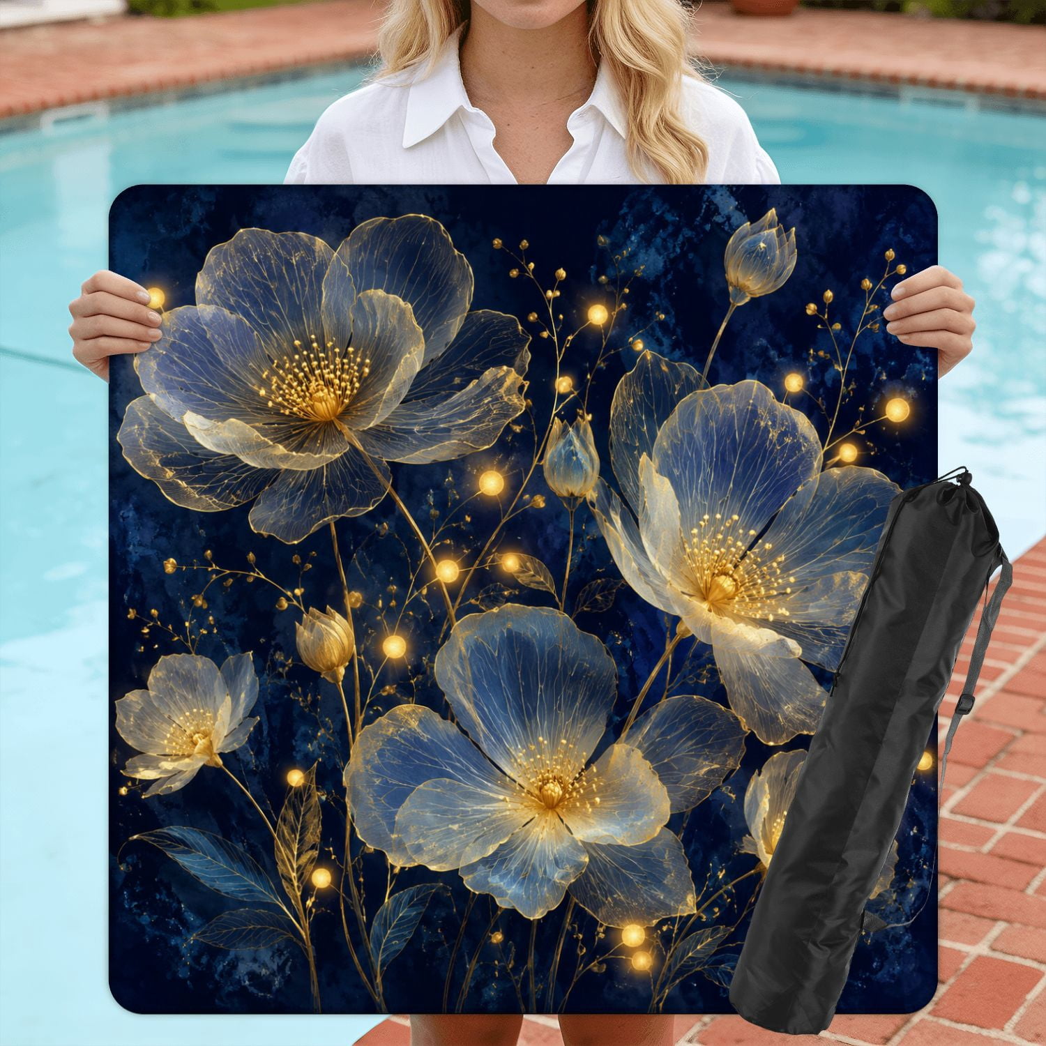 Mahjong Mat 31.5" x 31.5" Elegant Gold Line Floral Deep Blue Non-Slip Noise Reduction American Mahjong Tiles Table Cover for Dominoes Poker Card Board Games Gift