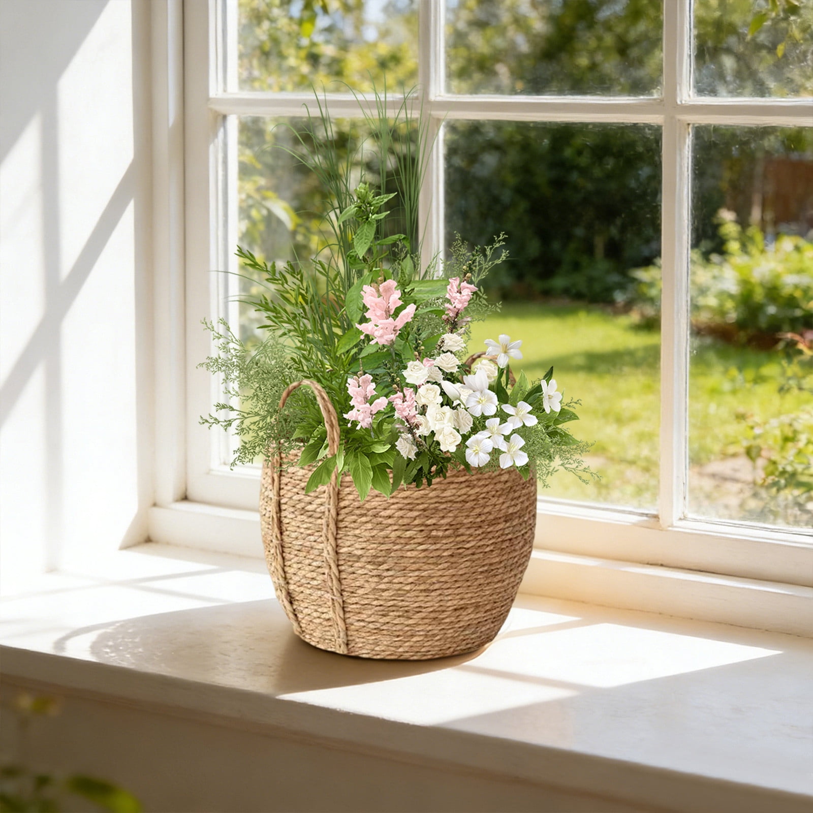 Woven Planter Basket with Woven Handles Rattan Grass Woven Flower Basket Flower Pot Decoration Breathable Plant Container Plant Basket for Office Home Living Room Farmhouse Lawn