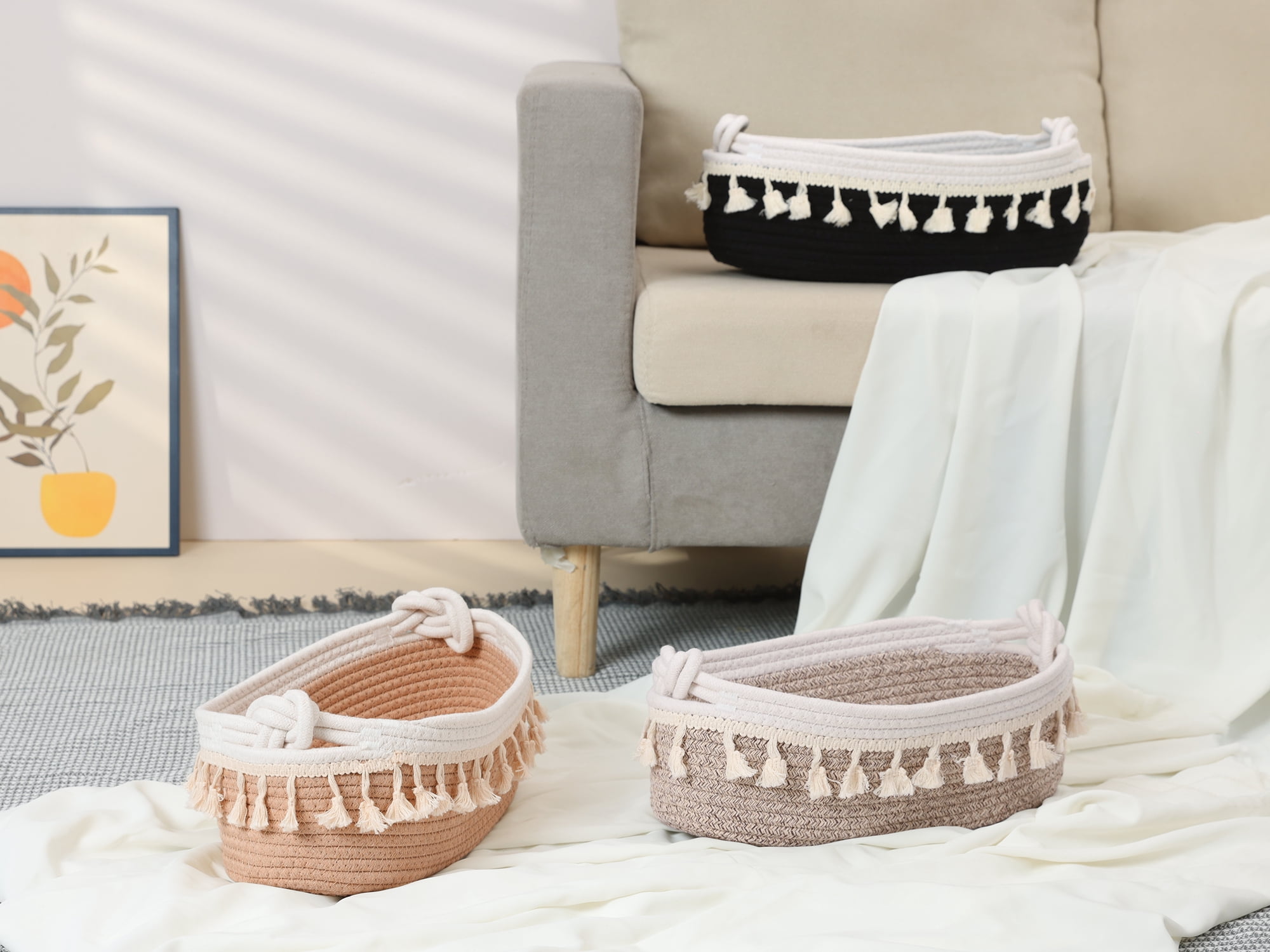 Unique Bargains Woven Storage Basket Solid Shelf Storage Bin Black 13.4*6.3*4.7in