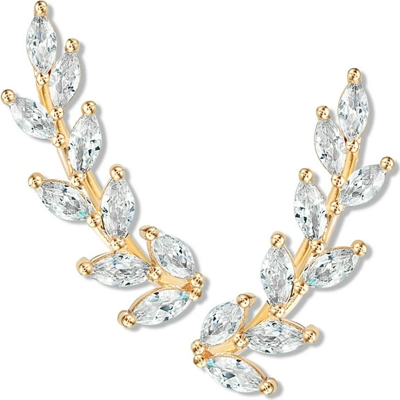 Humble Chic Crystal Leaf Ear Climber Earrings for Women - 14K Gold Plated Ear Crawlers