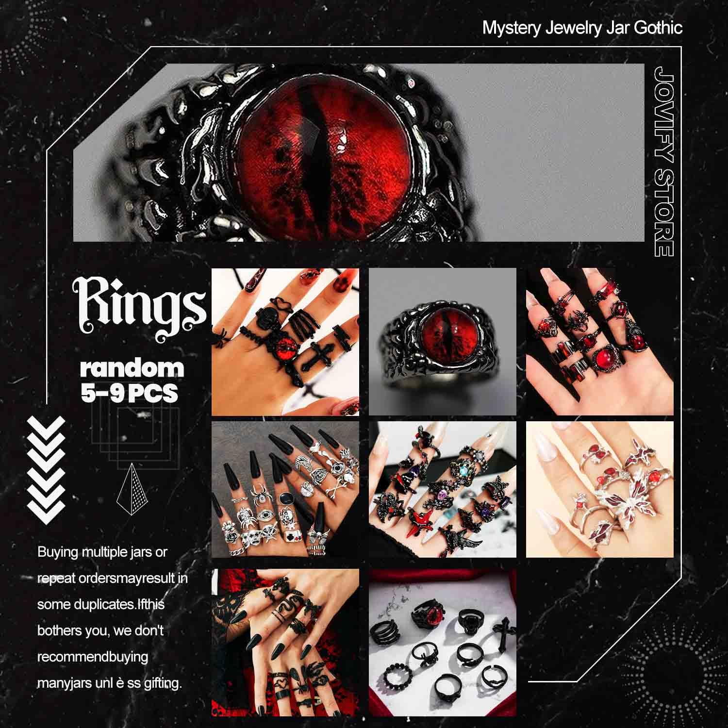 Mystery Jewelry Jar, Surprise Gothic Jewelry Box Sets for Women, Scary Witch Gift with Unique Birthday Halloween Gothic Red & Black Vampire Spooky Season Accessories(45-55PCS)