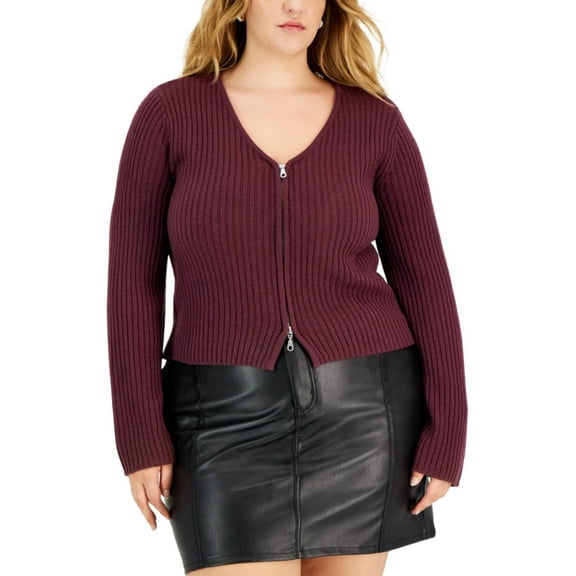 Full Circle Trends Trendy Plus Size V-Neck Zip-Up Sweater, Wine, 1X