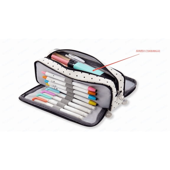 Large Pencil Case Big Capacity Pencil Pouch 3 Compartments Pen Bag Canvas Marker Pen Bag for Teenss schol Students (Black Polka Dot)