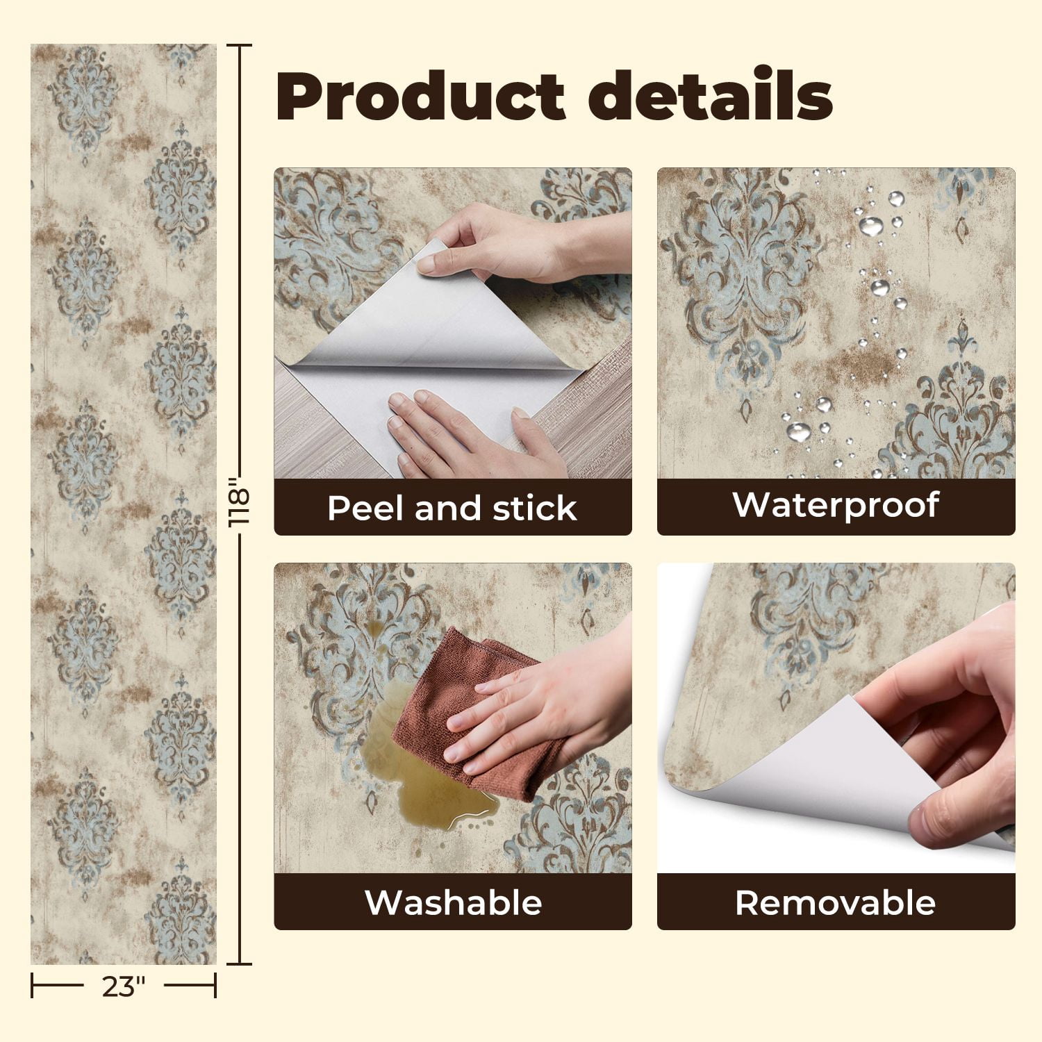 Boho Peel and Stick Wallpaper Vintage Blue Brown Damask Floral Distressed Contact Paper 23.6in x 9.8ft Wallpaper Removable Self Adhesive Wall Paper for Bedroom