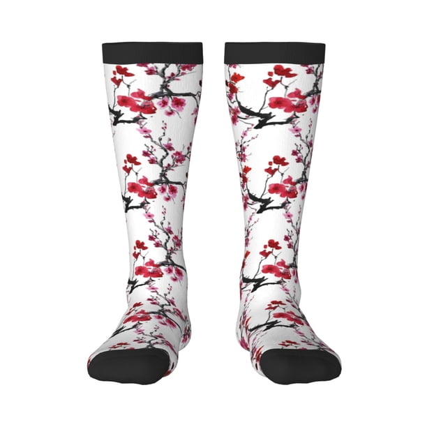 Fotbe Cherry Blossoms Calcetas Divertidas Estampadas para Hombre y Mujer, Calcetas de Algodón hasta la Rodilla para Caminar, Correr, Enfermería y Embarazo