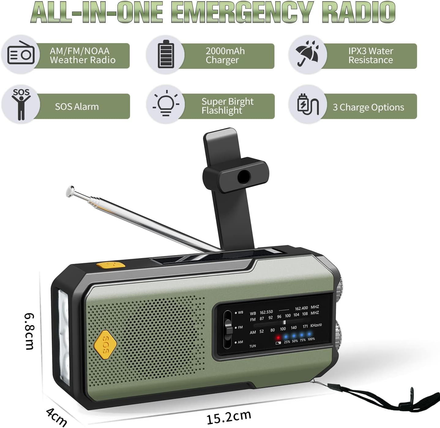 Newest Prociv Solar Emergency Wind Up Radio, Portable Hand Crank AM/FM Radio with SOS Alarm LED Torch, 2000mAh Rechargeable Power Bank USB Phone Charger Flashlight for Camping (Green)