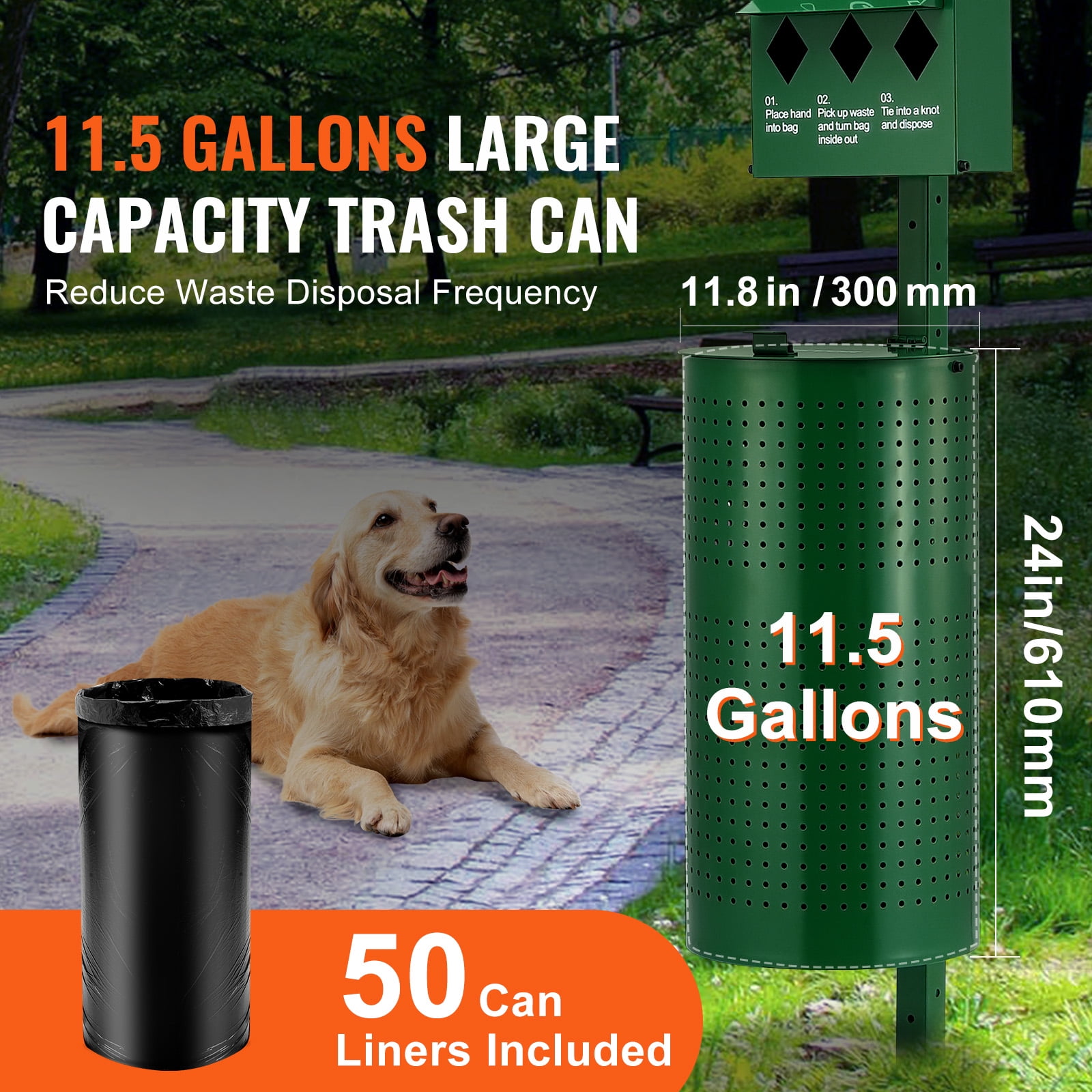 VEVOR Dog Waste Station with Hand Wash Bottle, Commercial Dog Poop Station, 11.5 Gallons Pet Waste Bin with 50 Can Liners, Bag Dispenser & 600 Waste Bags, Outdoor Dog Waste Disposal System