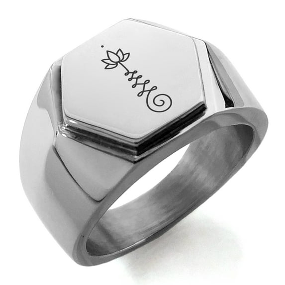 Stainless Steel Sacred Lotus Unalome Engraved Hexagon Crest Flat Top Biker Style Polished Ring