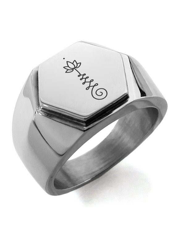 Stainless Steel Sacred Lotus Unalome Engraved Hexagon Crest Flat Top Biker Style Polished Ring