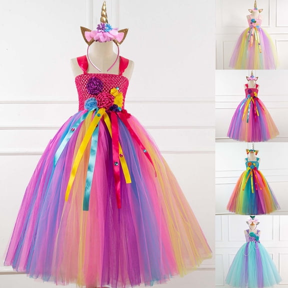 MuXiKeJi Clothes Halloween Dresses Long Tutu Skirt with Flower Headband Layered Mesh Flowy Outfit for Girls 2-12 Party Stage Girls Halloween Dresses