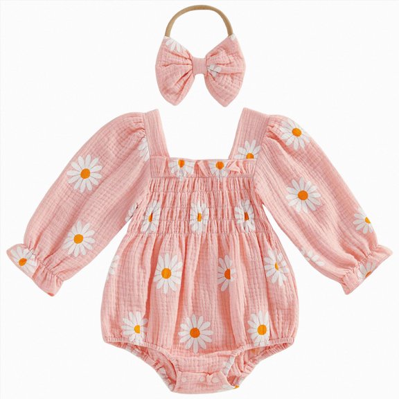 6-9 Months Newborn Baby Girl Floral Romper Long Sleeve Ruched Romper With Headband