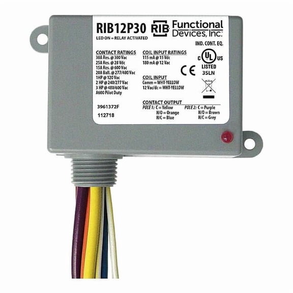Functional Devices-Rib Enclosed Pre-Wired Relay,30A at 300VAC,DPDT RIB12P30
