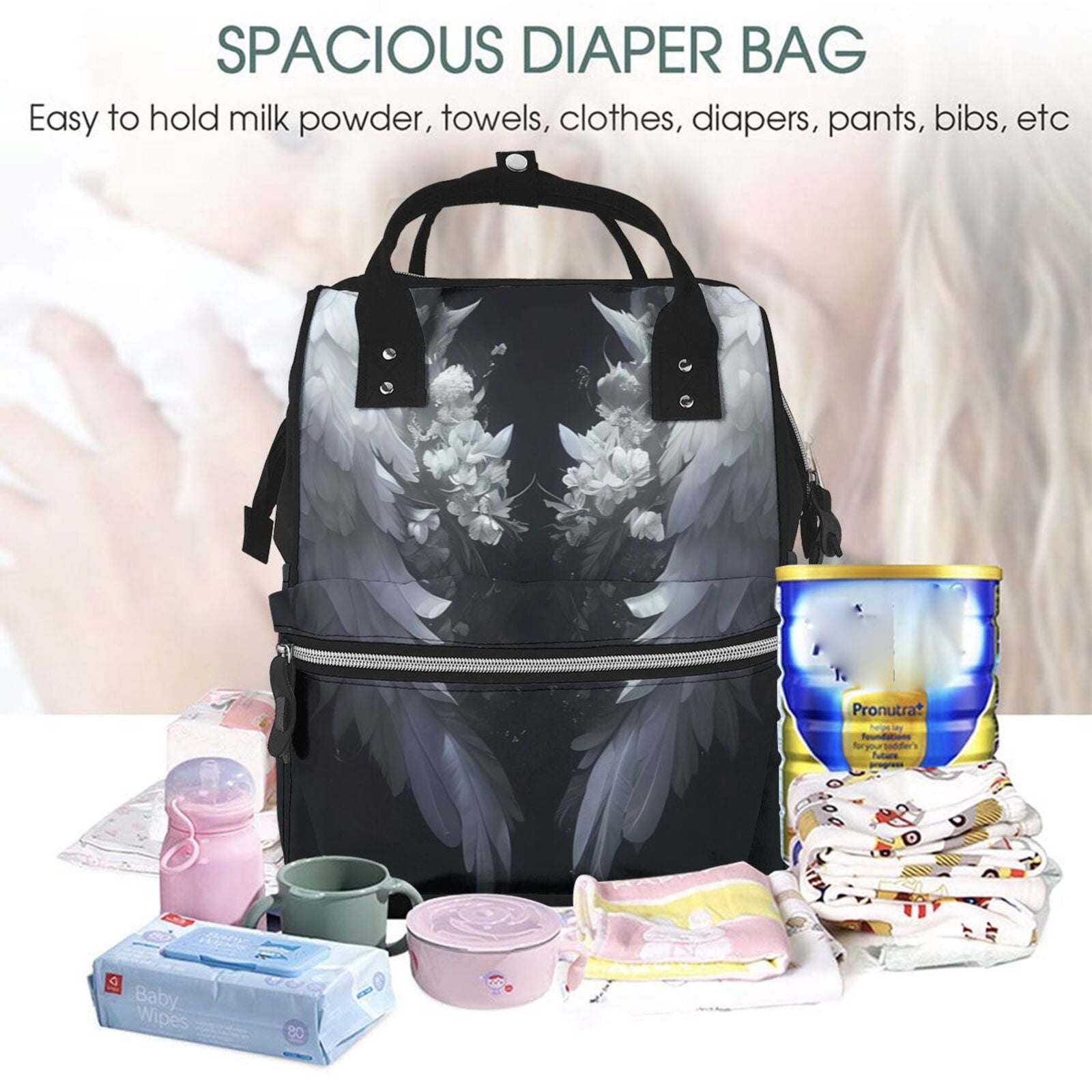 Ratiio Elegant Feathered Floral Wings Mummy Backpack - Waterproof Twill Canvas, Large Capacity Diaper Bag with Multiple Pockets and Adjustable Straps