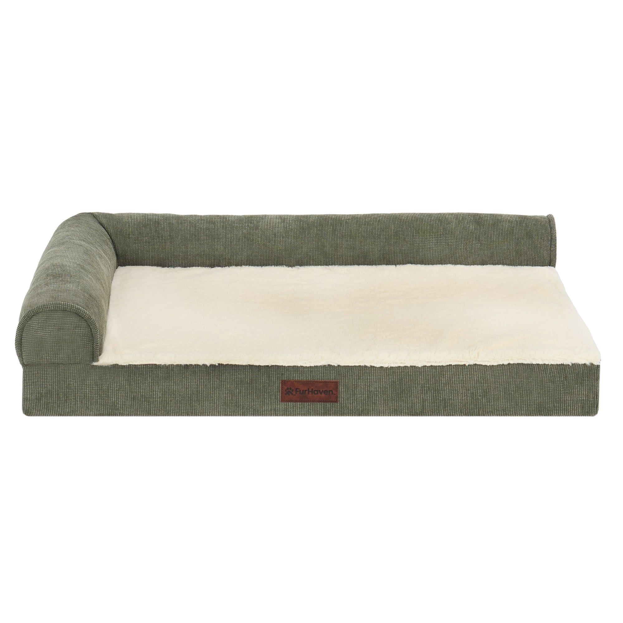 Plush & Grid Cord Orthopedic Deluxe L-Chaise Pet Bed for Dogs and Cats - Olive, Medium