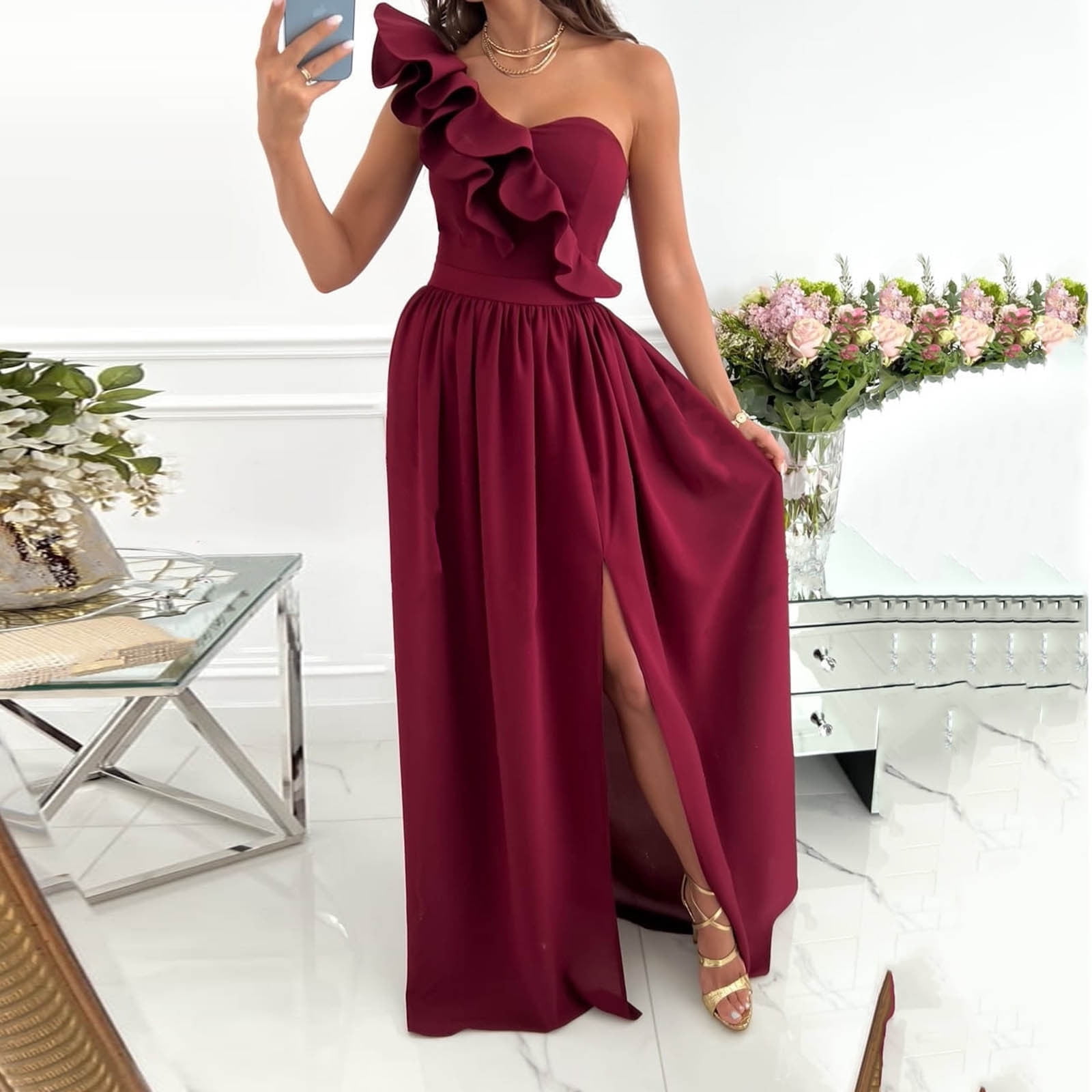 Womens Summer Ruffle One Shoulder Maxi Dresses Elegant Cocktail Party Dress  Pleated Side Split Long Formal Dress - Walmart.com
