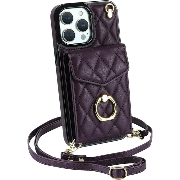 Leather Purse Wallet Phone Cases for iPhone 15 Pro Max Case Crossbody with Card Holder Ring Strap Lanyard 6.7'' Women RFID Blocking (Dark Purple,IP 15 Pro Max)