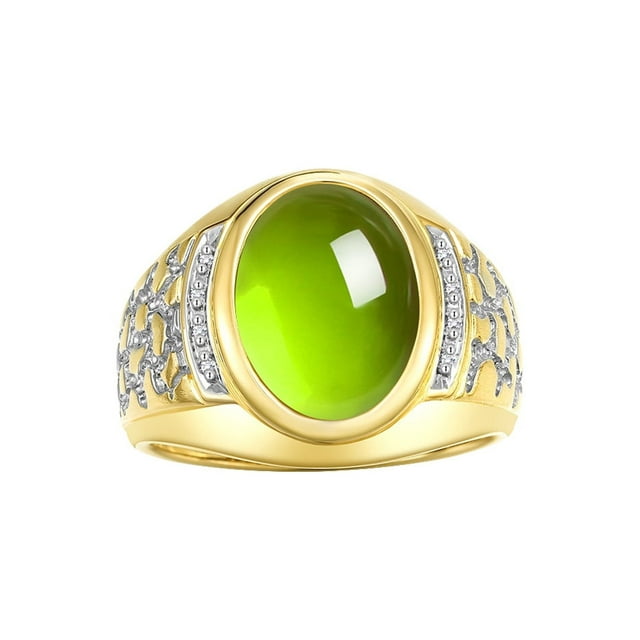 RYLOS Men's Rings 14K Yellow Gold Nugget Ring with Cabochon Gemstone & Diamonds Peridot Rings For Men Size 11